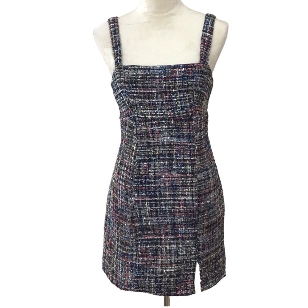 Francesca’s Mi Ami Multi Color Tweed Square Neck Sleeveless Mini Dress N…